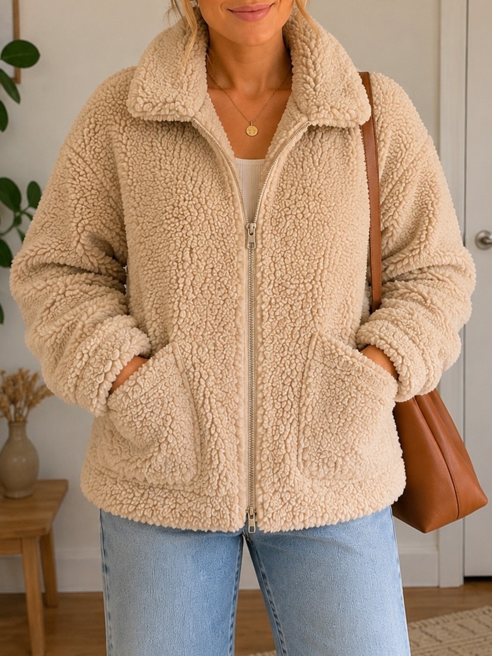 Garage Teddy Sherpa Zip Front Jacket Cream Beige Size M/L Cozy Oversized